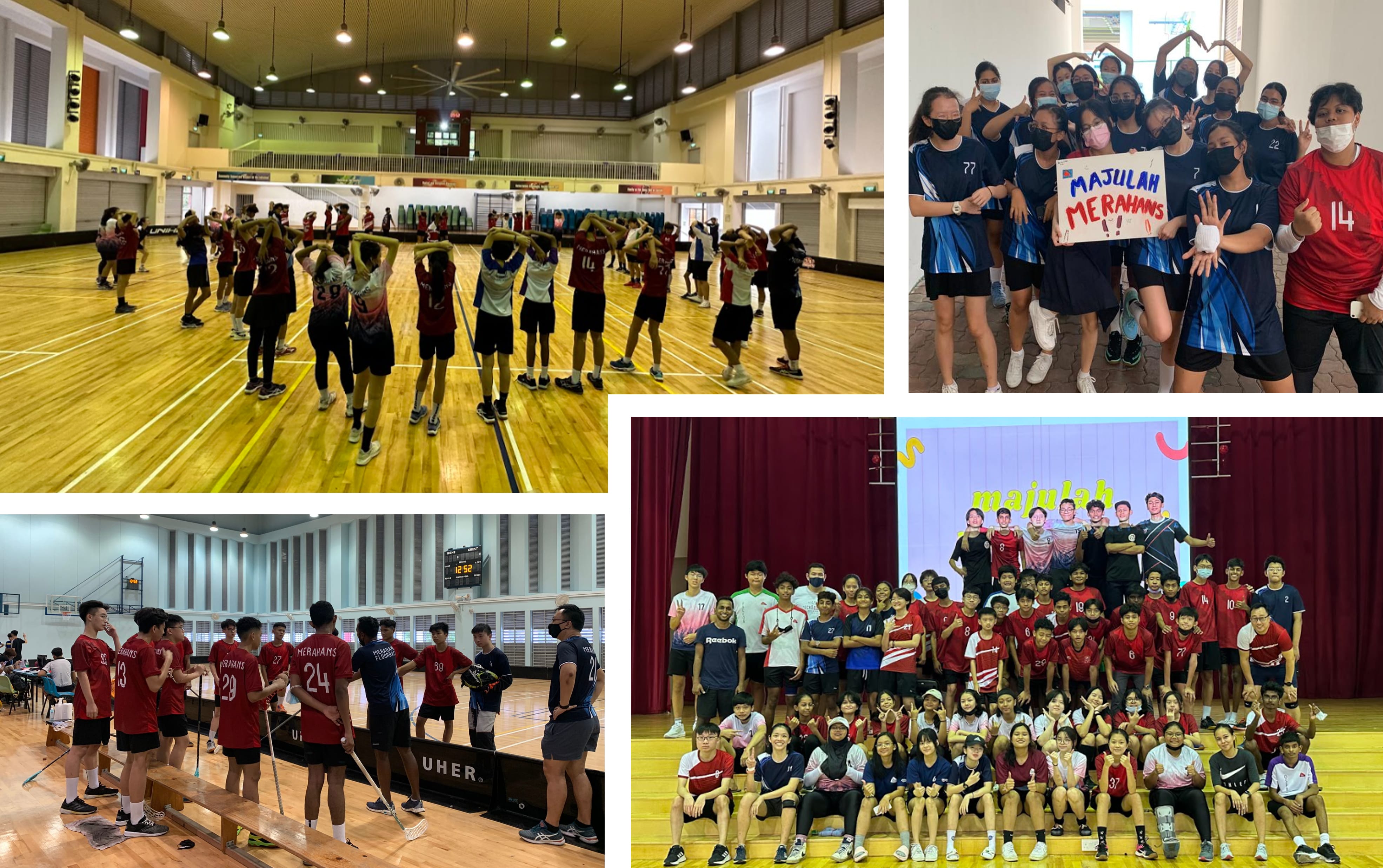 Collage of indoor sports events: teams in a gym, group holding Majulah Merahans sign, and group photo on stage.